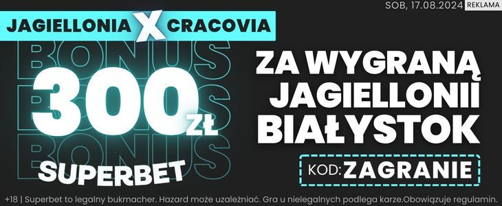 Bonus 300 PLN za zwycięstwo Jagiellonii Białystok w meczu z Cracovią