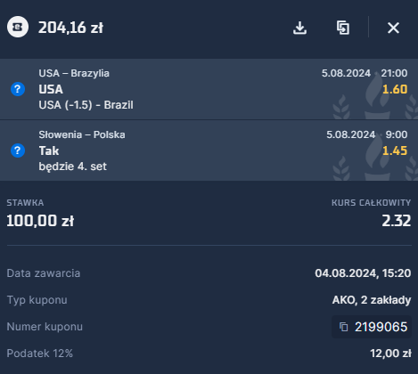 STS, double, kupon, Słowenia - Polska, Stany Zjednoczone - Brazylia, IO w Paryżu 2024