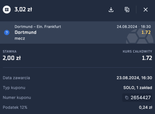 Przykładowy kupon STS na BVB - Eintracht