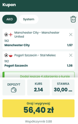 Przykładowy kupon Betfan na Manchester City - Manchester United