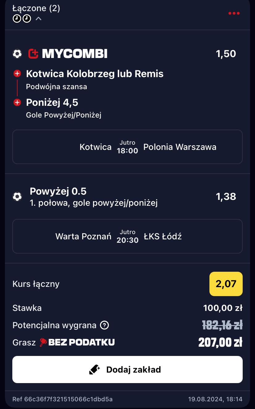 kupon na Betclic 1. Ligę 20.08