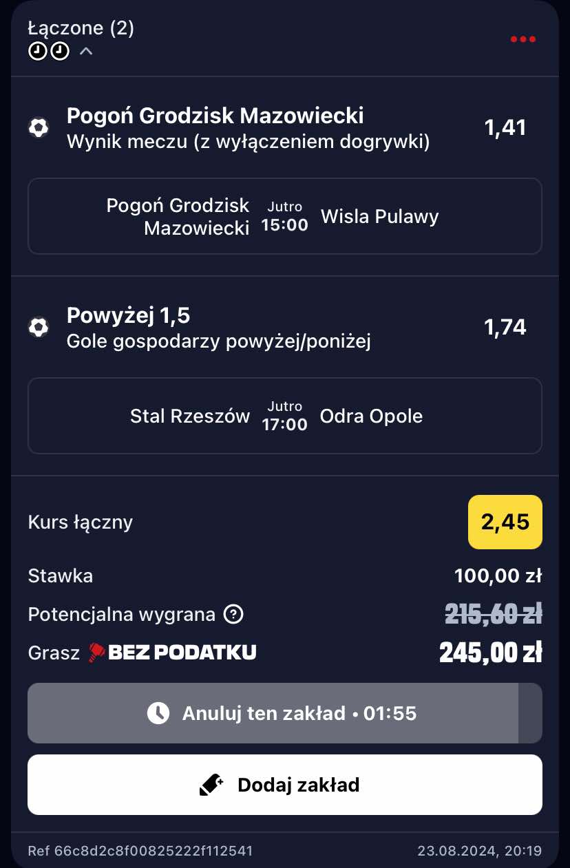 kupon na Betclic 1. Ligę 24.08.