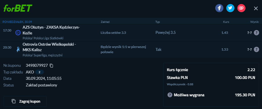 Forbet, double, kupon, PlusLiga, ORLEN Superliga, AZS Olsztyn - ZAKSA, Ostrovia - MKS Kalisz