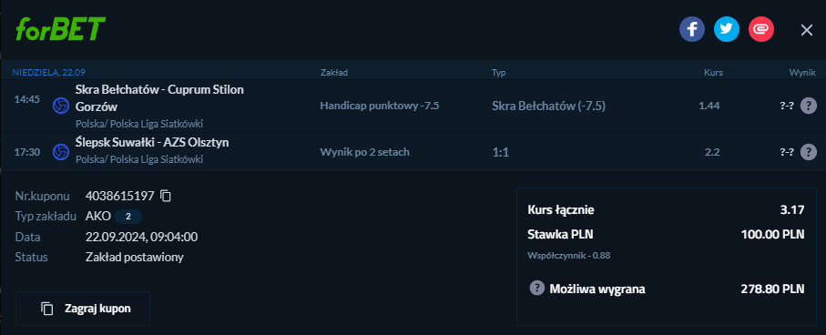 Forbet, double, kupon, PlusLiga, siatkówka, Ślepsk Suwałki - AZS Olsztyn, Skra Bełchatów - Cuprum Gorzów