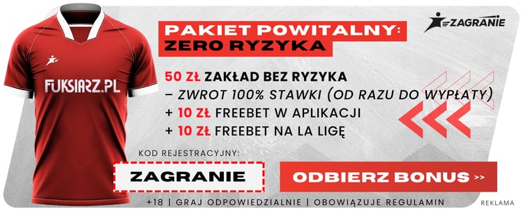 Pakiet powitalny: zero ryzyka. 50zł zakład bez ryzyka - zwrot 100% stawki (od razu do wypłaty)!