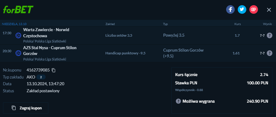 Forbet, double, kupon, Warta Zawiercie - Norwid Częstochowa, PSG Stal Nysa - Cuprum Stilon Gorzów
