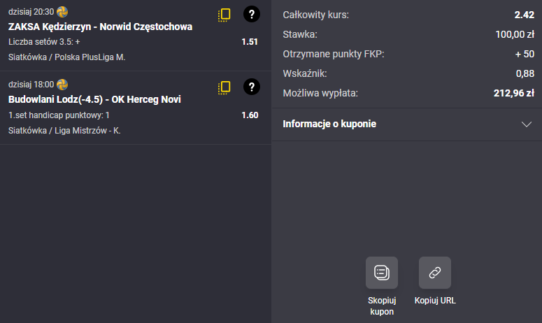 Fortuna, double, kupon, ZAKSA Kędzierzyn Koźle - KS Norwid Częstochowa, PGE Grot Budowlani Łódź - OK Herceg Novi