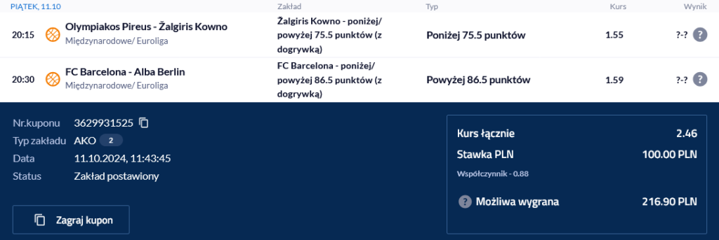 Kupon double Euroliga 11 października forBET