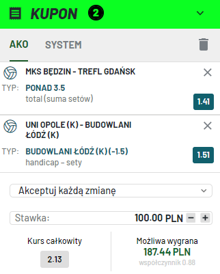 Totalbet, double, kupon, PlusLiga, TauronLiga, MKS Będzin - Trefl Gdańsk, UNI Opole - Grot Budowlani Łódź
