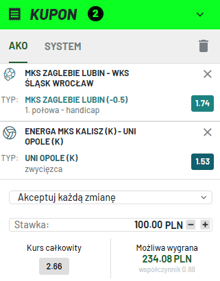 Totalbet, kupon, double, Energa MKS Kalisz - UNI Opole, Zagłębie Lubin - Śląsk Wrocław