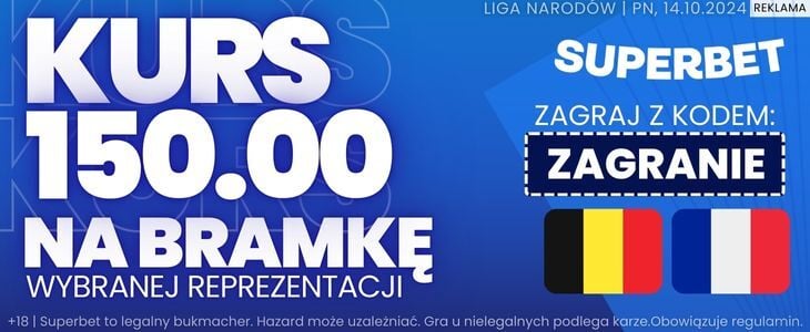 Kurs 150.00 na bramkę wybranej reprezentacji w meczu Belgia - Francja.. Zagraj z kodem "zagranie" w Superbet.