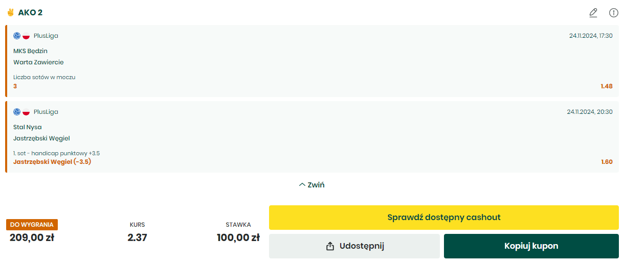 Betfan, kupon, double, PSG Stal Nysa - Jastrzębski Węgiel, MKS Będzin - Warta Zawiercie