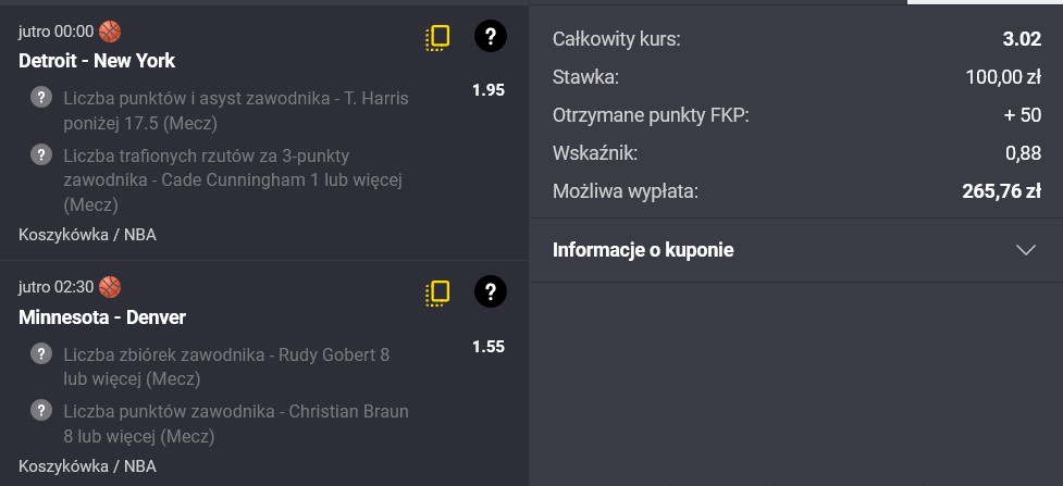 Kupon NBA w Fortunie w dniu 01.11.2024