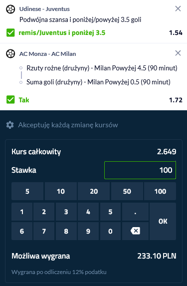 Kupon double Serie A 02 listopada forBET