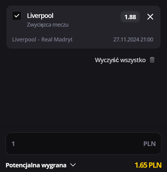 Liverpool - Real LVBET promo przykładowy kupon