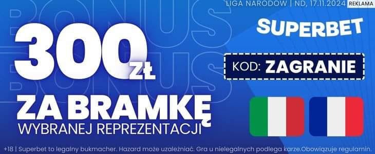 300 PLN w Superbet za bramkę wybranej reprezentacji z kodem: Zagranie.