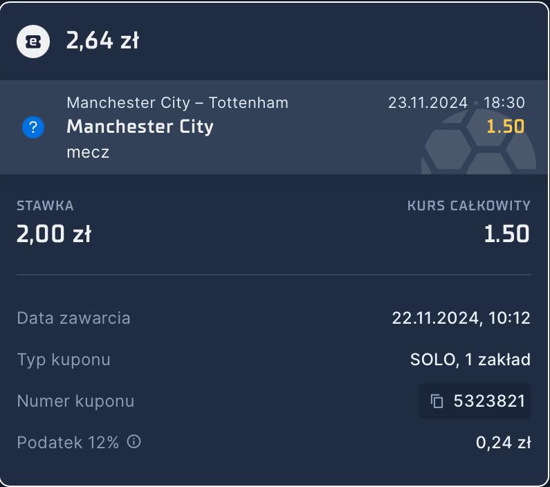 kupon na City - Tottenham pod zasilacz