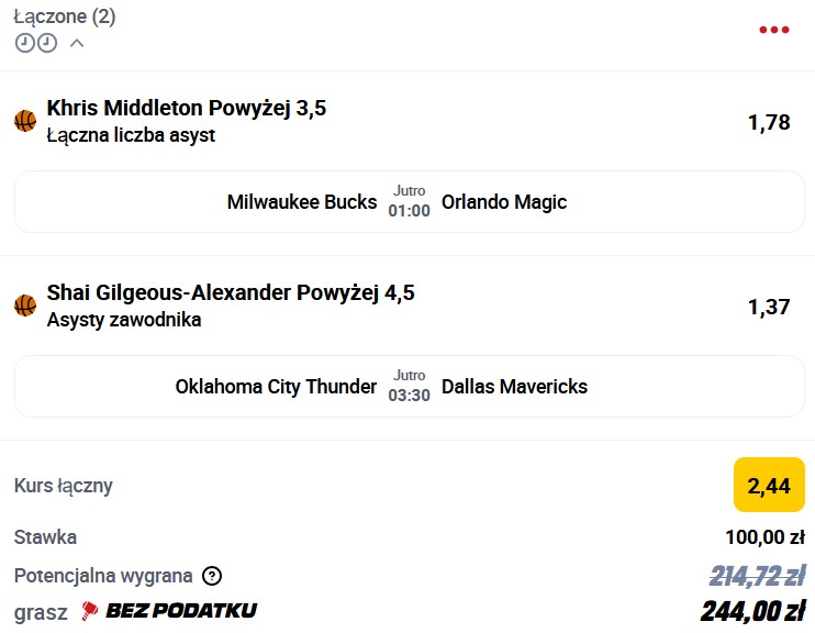 Kupon NBA w dniu 10.12.2024; Betclic