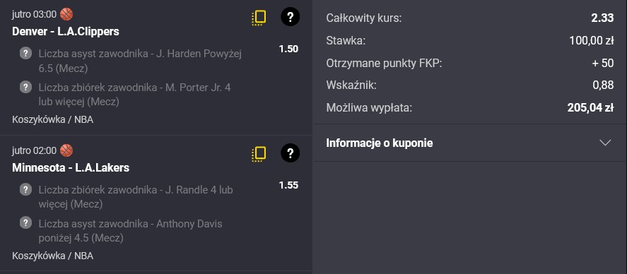 Kupon NBA w Fortunie w dniu 13.12.2024