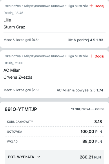 Kupon double Liga Mistrzów 11 grudnia Superbet