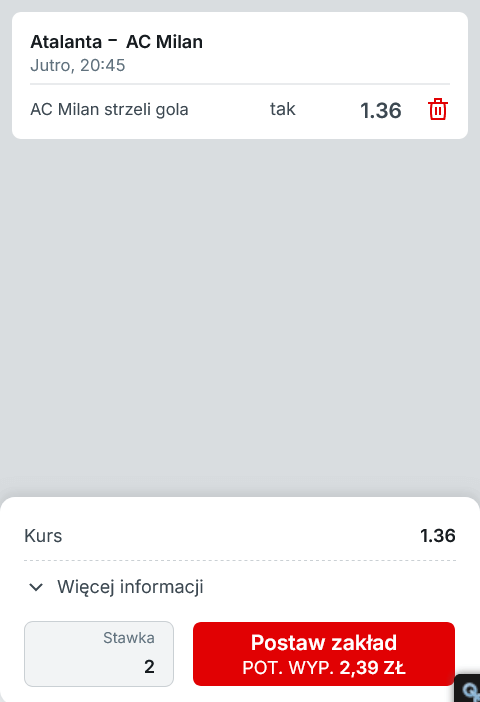 Kupon przykład 2 Superbet Atalanta - Milan 06.12