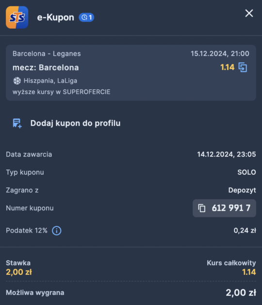 Kupon STS na wygraną Barcelony z Leganes