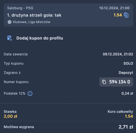 Kupon STS na gola w meczu RB Salzburg - PSG