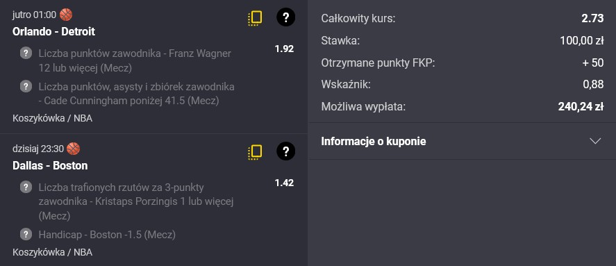 Kupon NBA w Fortunie w dniu 25.01.25