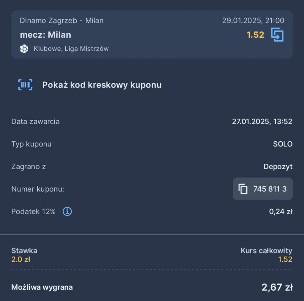 Przykładowy kupon promocja STS Dinamo - Milan