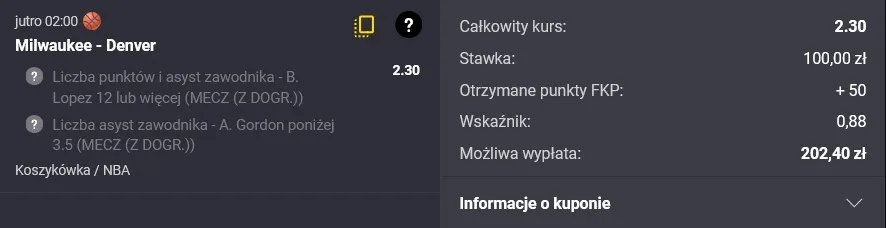 Kupon NBA w Fortunie w dniu 27.02.2025