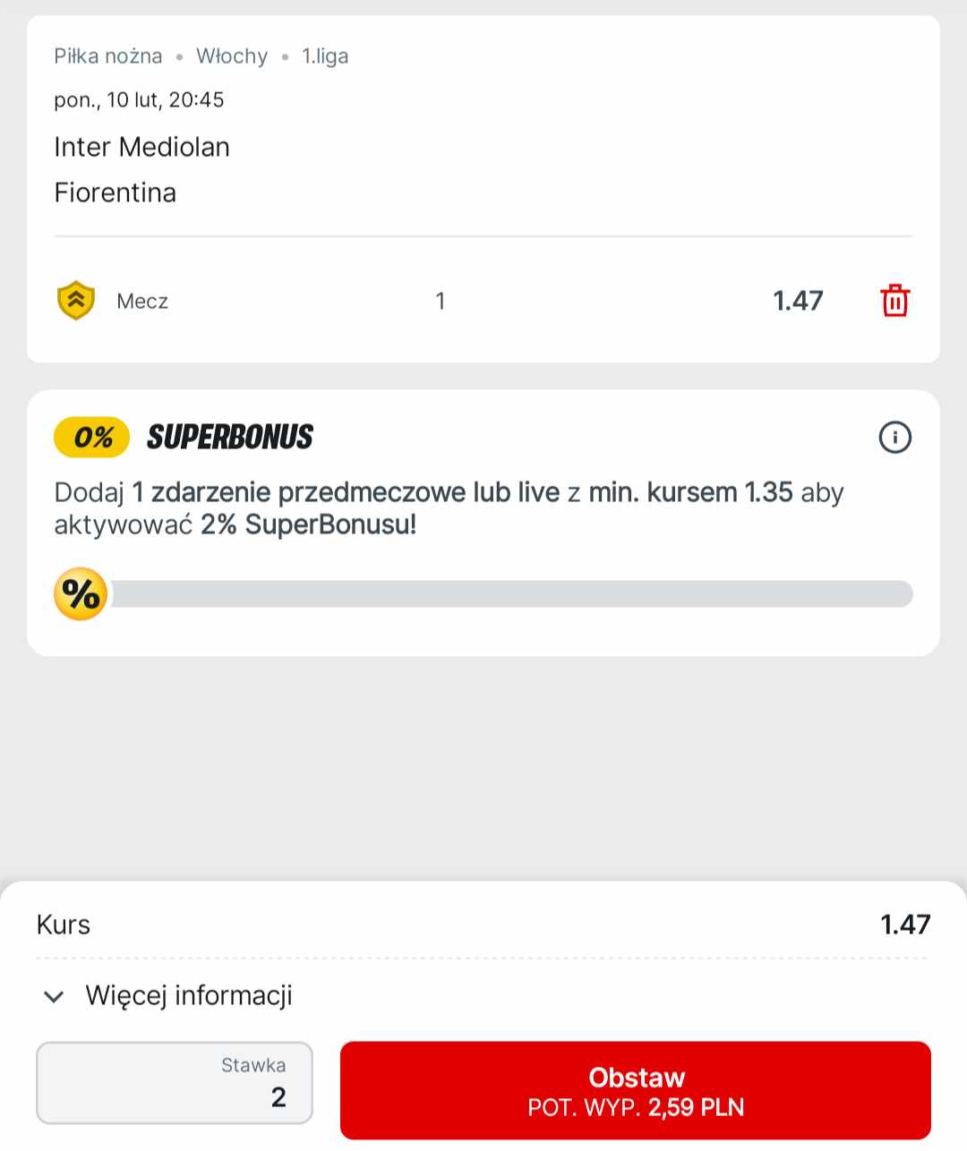 Inter - Fiorentina kupon przykład Superbet