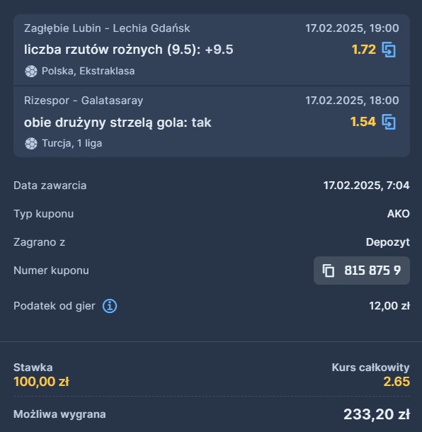 kupon STS Ekstraklasa 17.02.