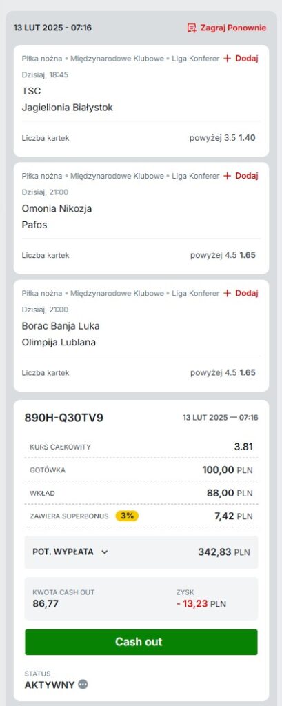 Kupon Jagiellonia Superbet 13.02.