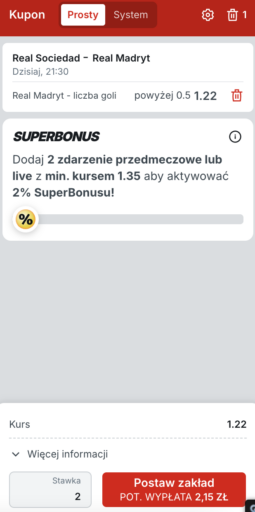 Kupon Superbet na Real Sociedad - Real Madryt