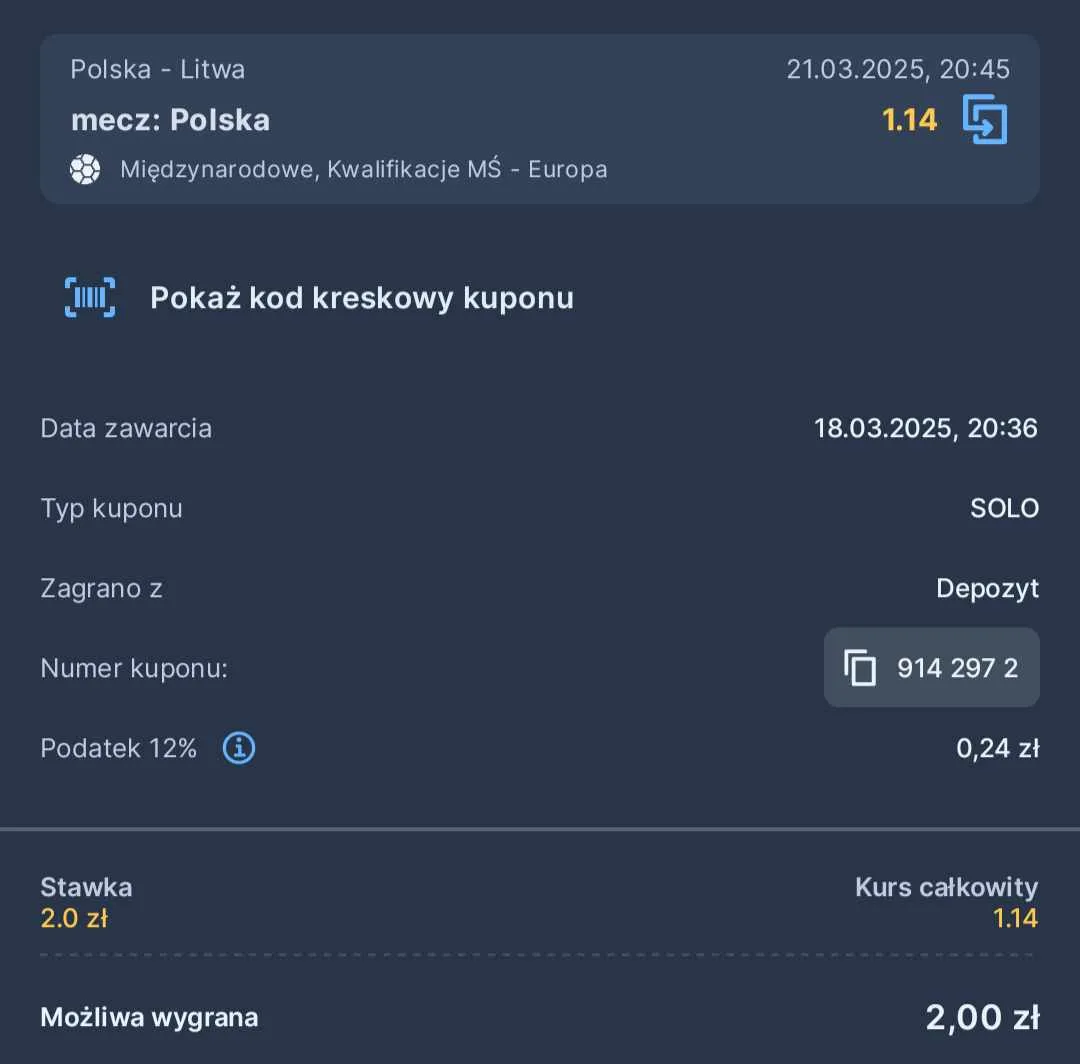 Polska - Litwa promocja STS kupon przykład 21.03