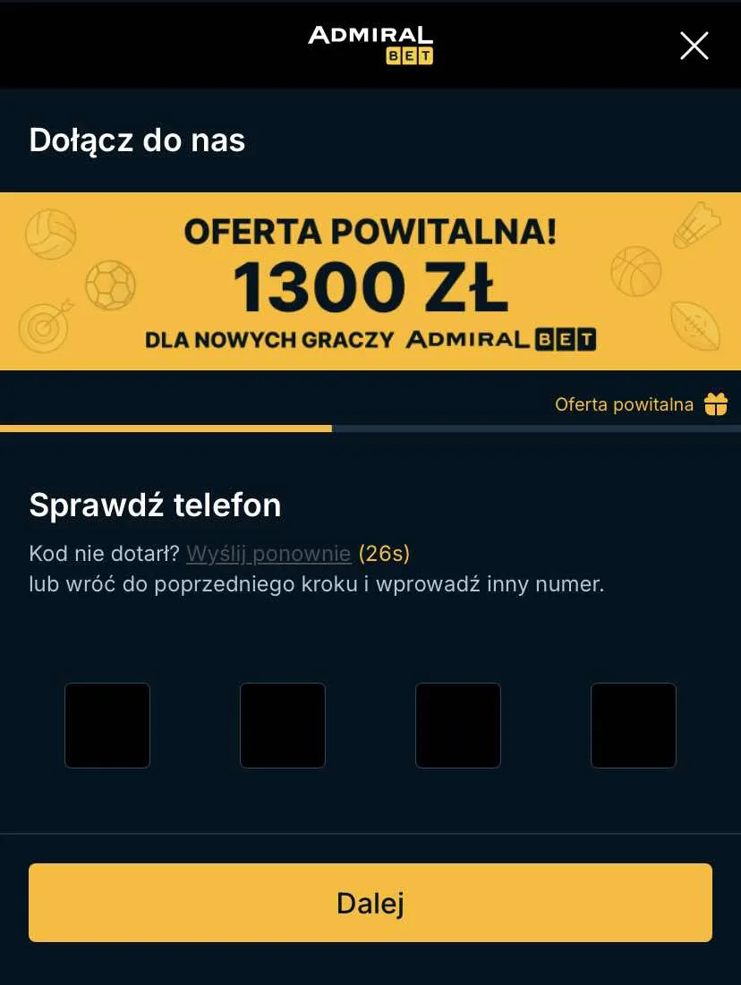 Drugi ekran rejestracji w AdmiralBet