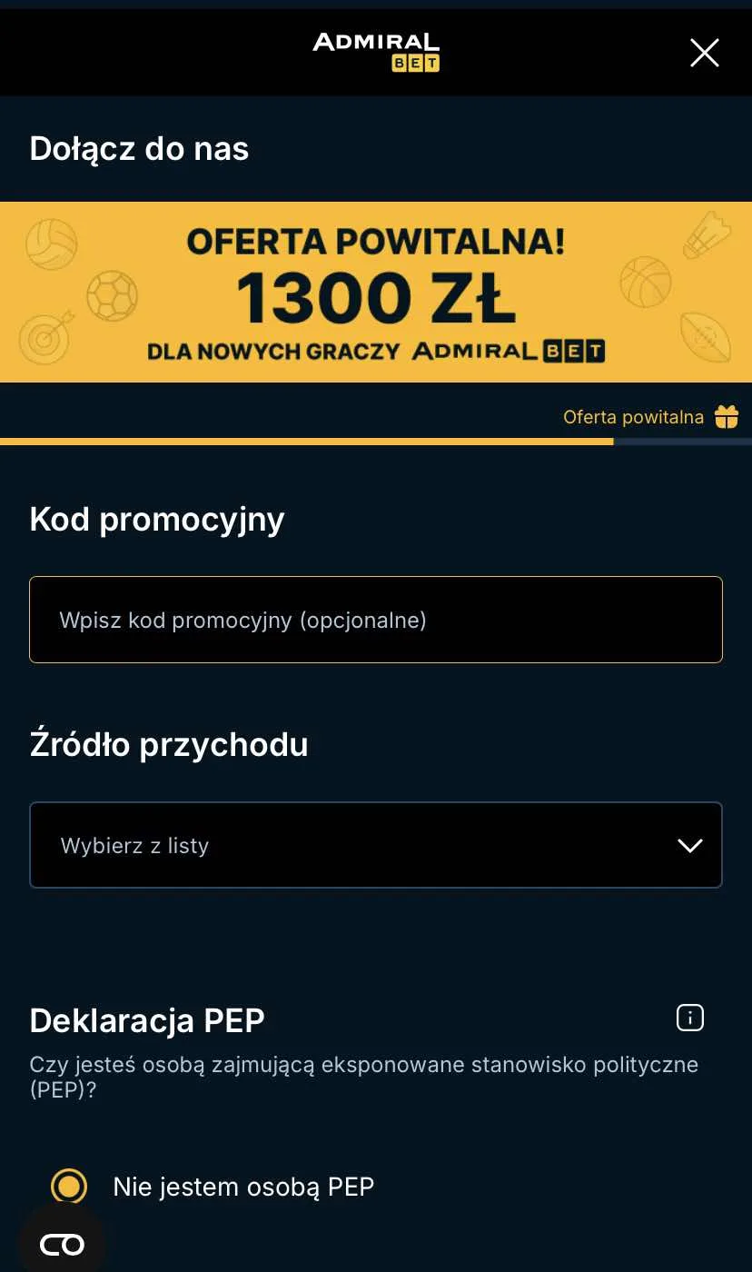 Czwarty ekran rejestracji w AdmiralBet