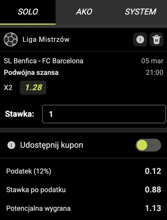 Kupon Go+BET na Benfica - FC Barcelona