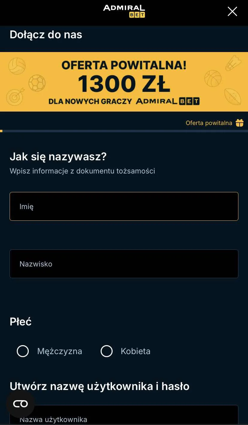 Pierwszy ekran rejestracji w AdmiralBet