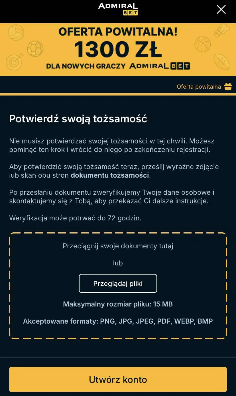 Piąty ekran rejestracji w AdmiralBet