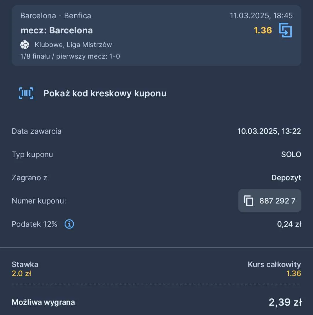 Barcelona - Benfica promocja STS przykładowy kupon