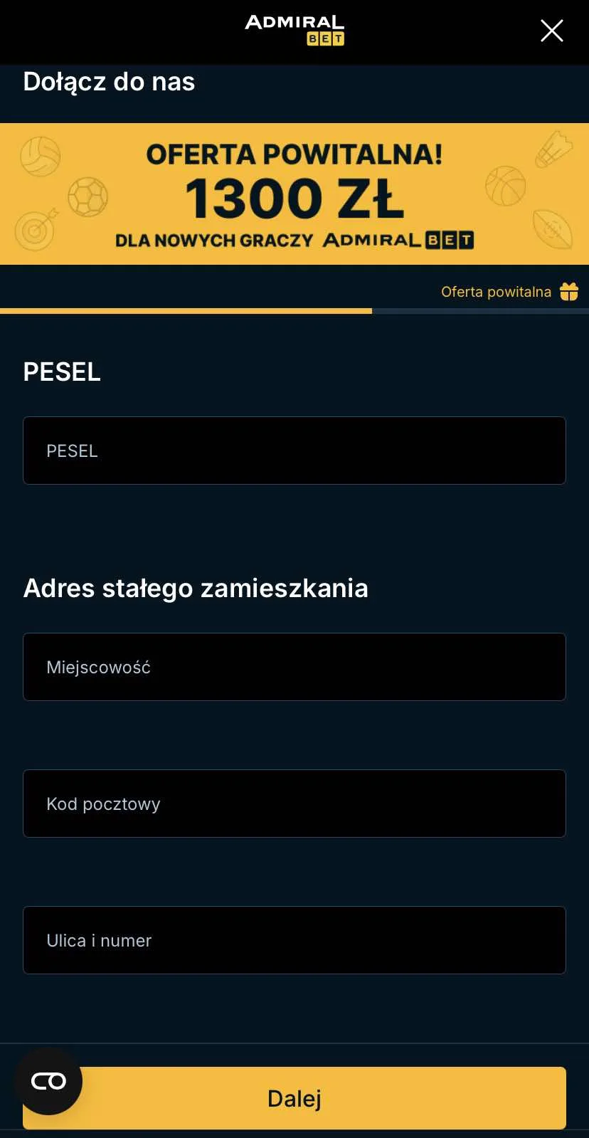 Trzeci ekran rejestracji w AdmiralBet