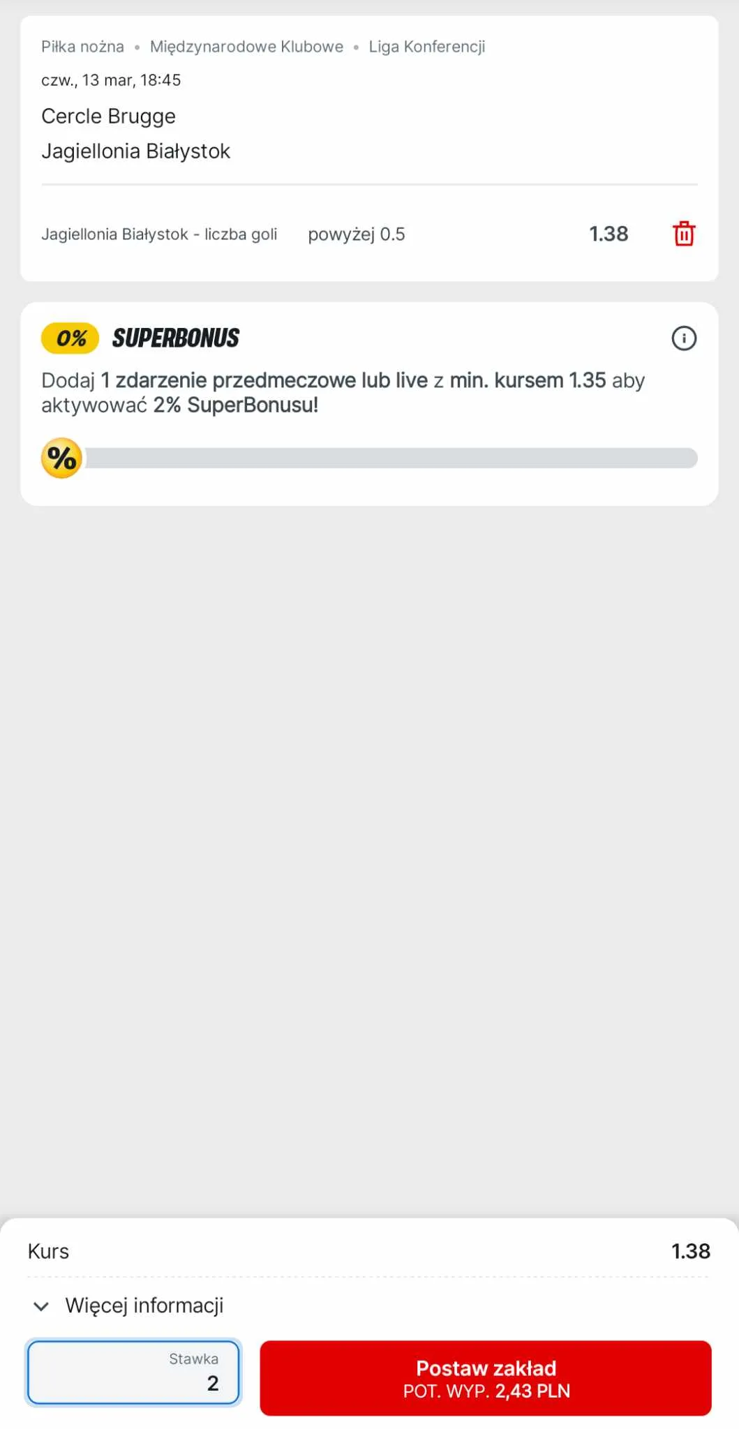 Kupon przykład 2 promocja Superbet Legia Jaga LK