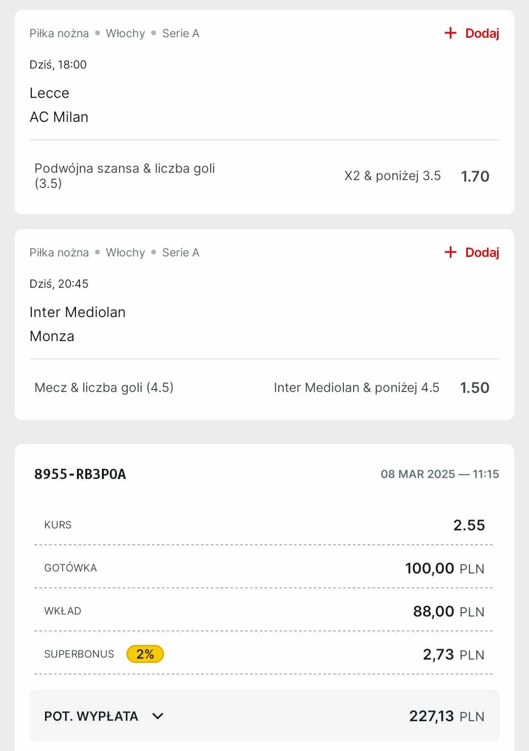 Kupon double Serie A 8 marca Superbet
