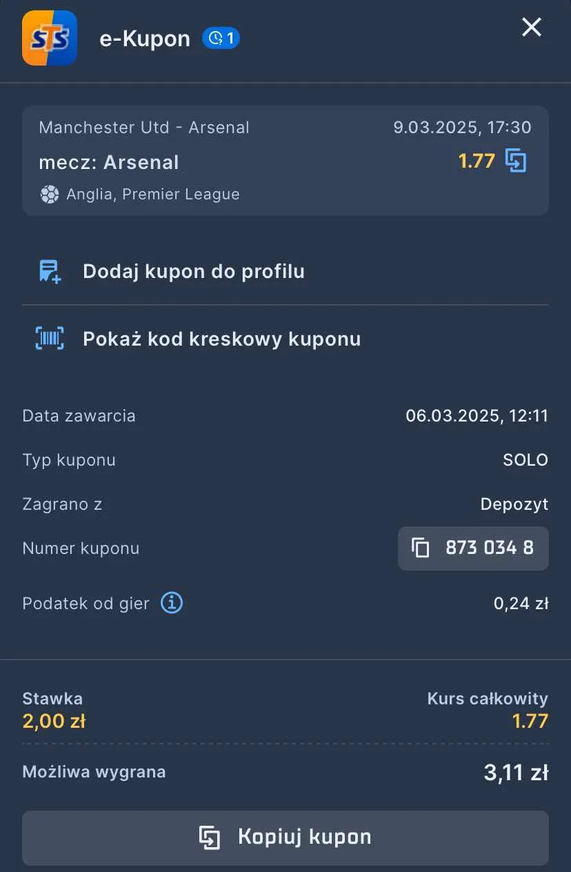 kupon na zasilacz Manchester United - Arsenal