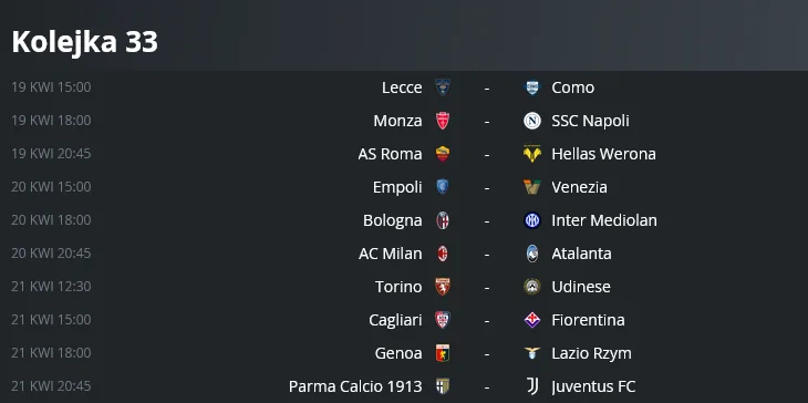 Terminarz Serie A 33. kolejka