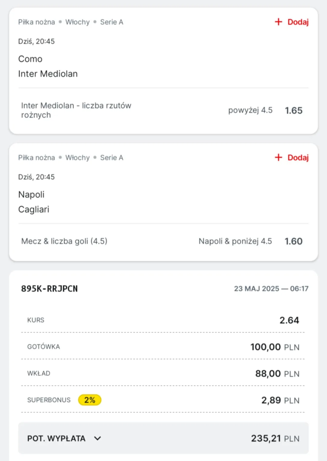 Kupon double Serie A 23.05.2025