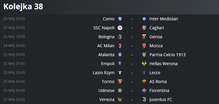 Terminarz 38. kolejki Serie A
