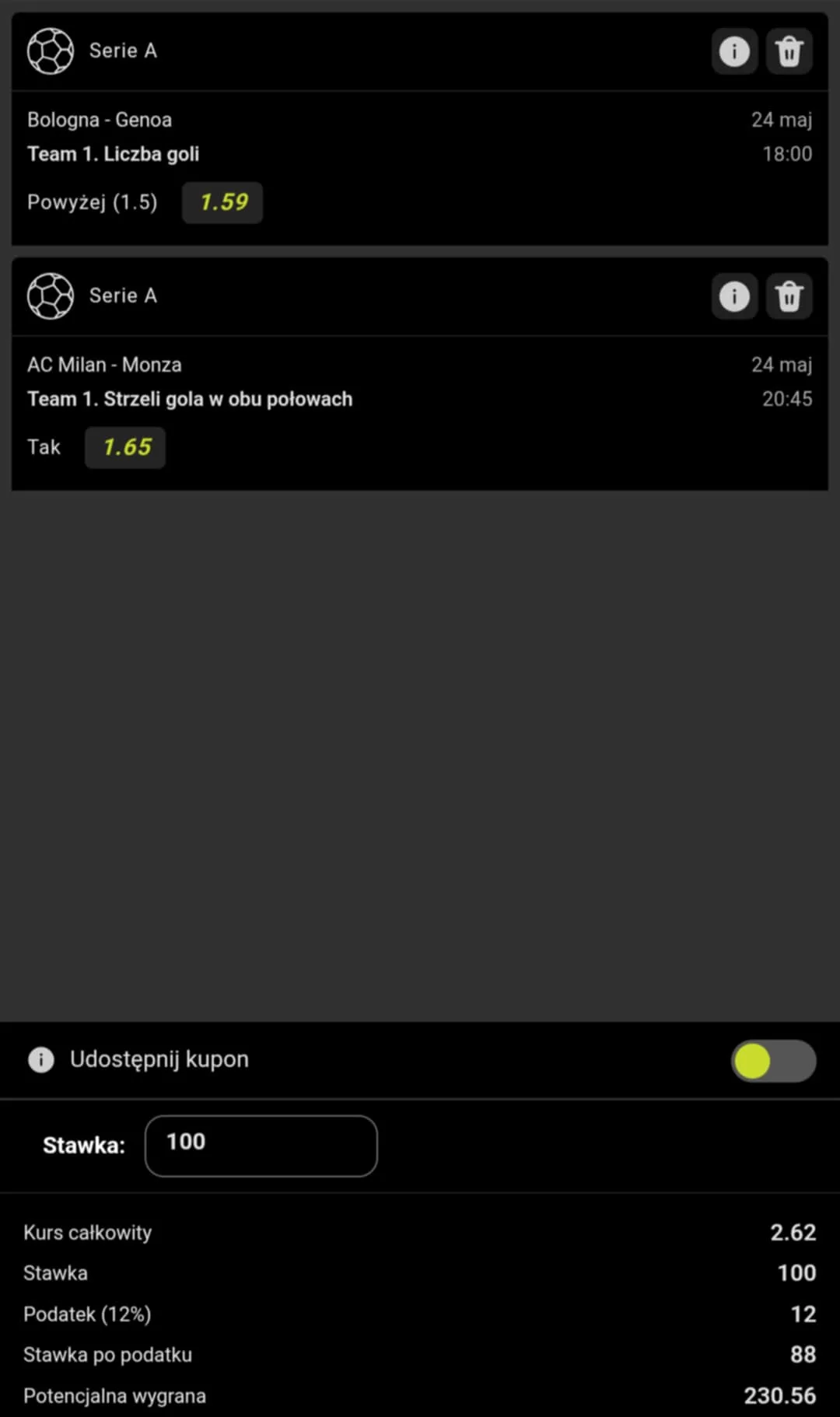Kupon Serie A 24.05.2025