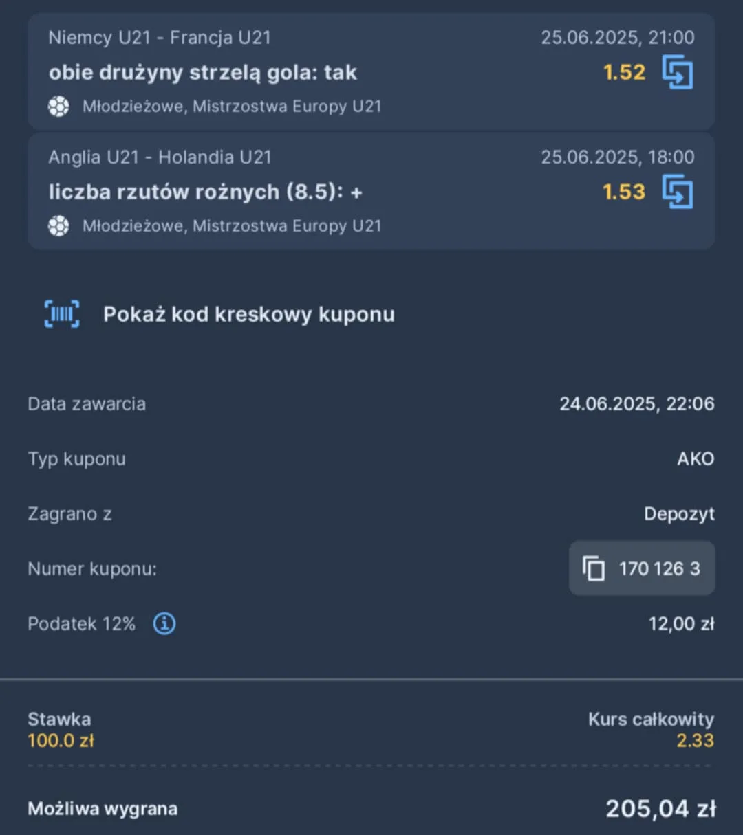 Kupon double Euro U21 25.06.2025